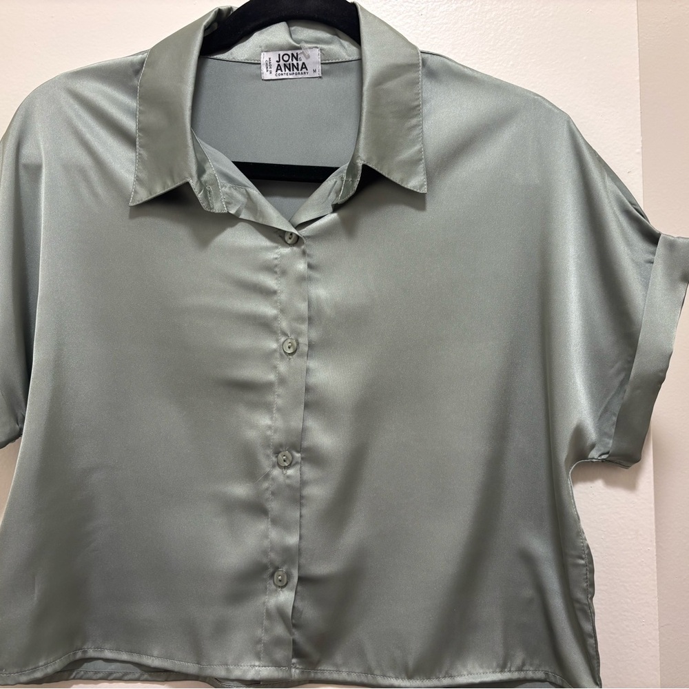 Jon & Anna Women's Light Green Satin Button Down Shirt